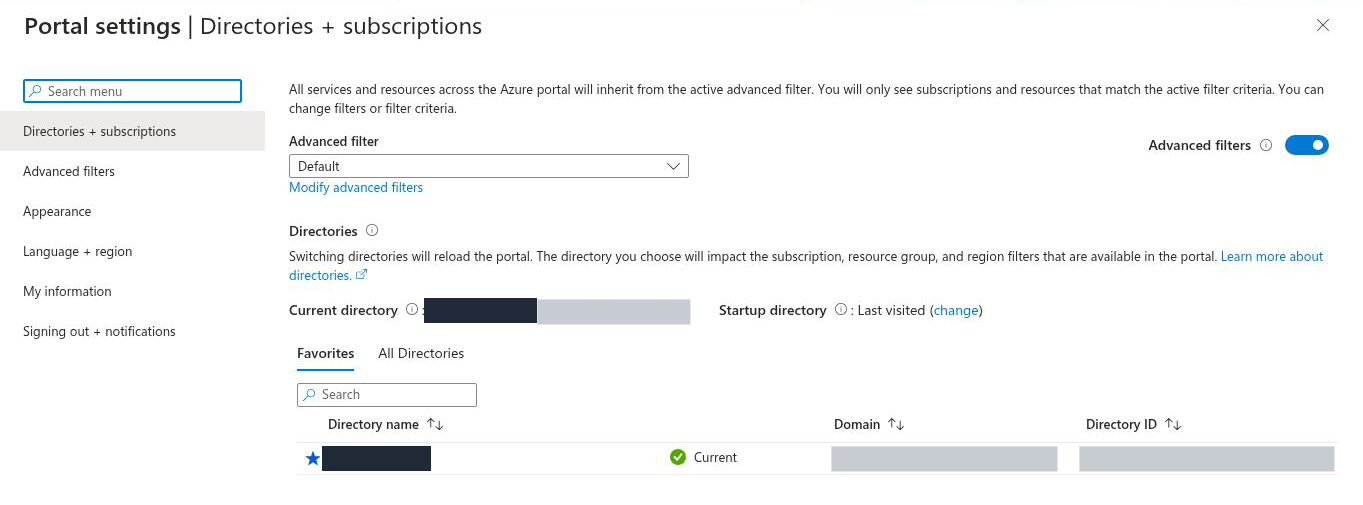 Azure portal Directories + subscriptions page with the current directory marked; directory name, directory ID and domain hidden