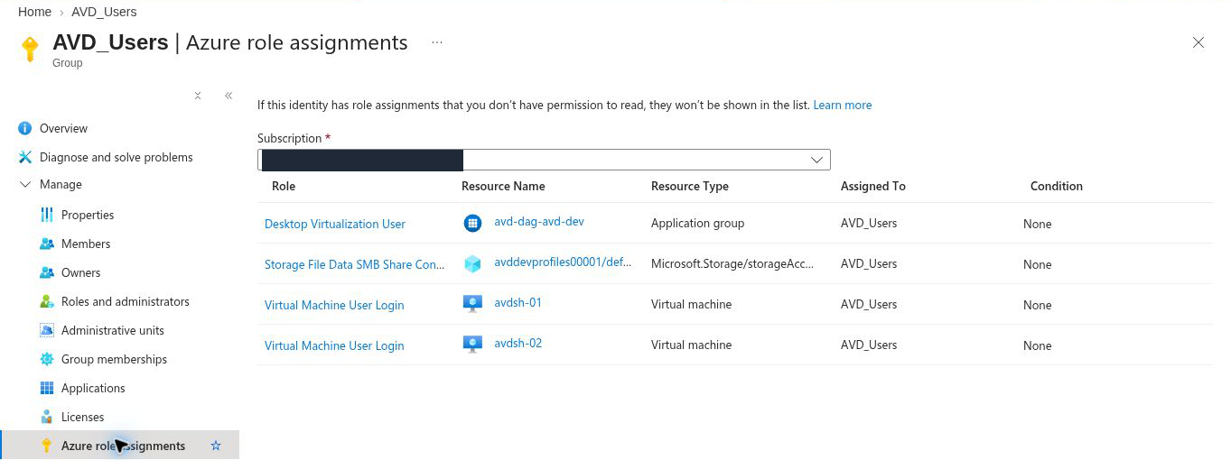 AVD_Users Azure role assignments: Desktop Virtualization User on an application group, Storage File Data SMB Share Contributor on a storage account and Virtual Machine User Login on two virtual machines