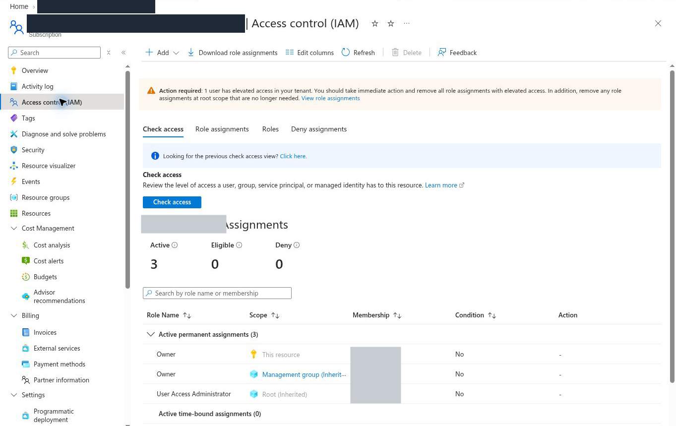Access control (IAM) page with three active assignments: Owner on this resource, Owner inherited from a management group and User Access Administrator inherited from root; membership and subscription name hidden
