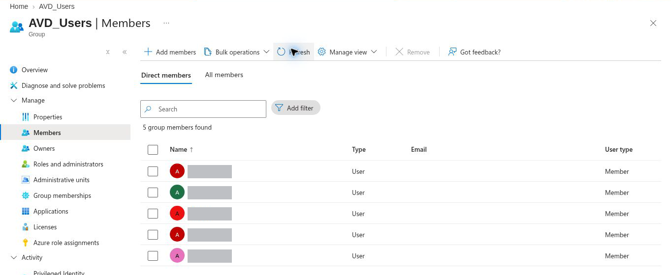 AVD_Users Members page listing five direct members of type User; all five account names are covered by grey boxes; the Email column is empty