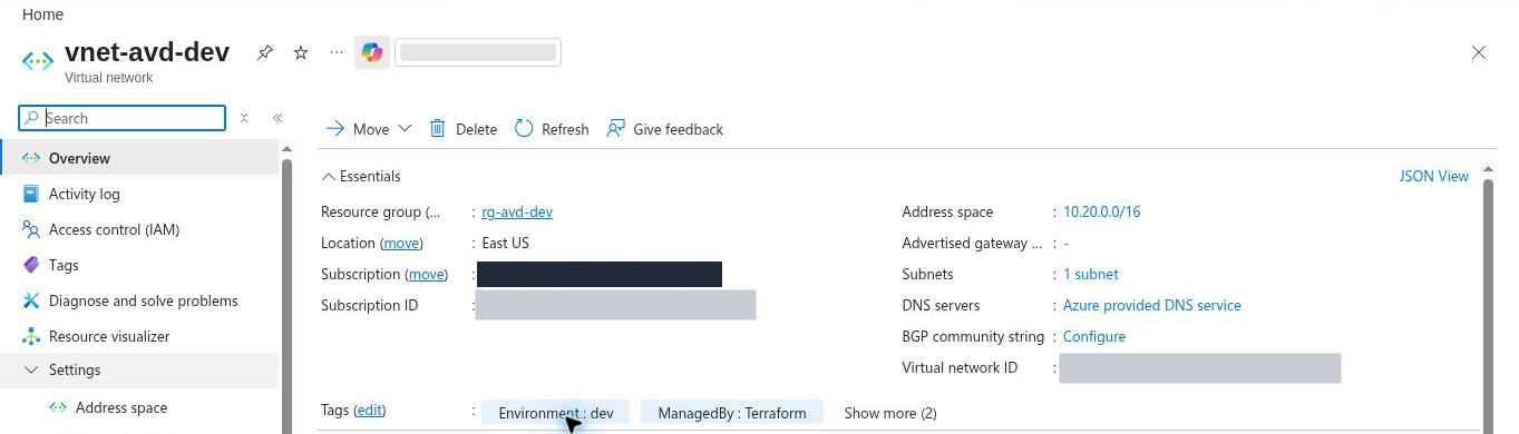 Virtual network vnet-avd-dev overview: location East US, one subnet and Azure provided DNS service; subscription name and network IDs hidden