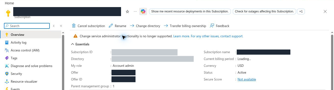 Subscription overview with status Active and Offer and Offer ID rows present; the subscription name, subscription ID, directory, offer name and offer ID are hidden