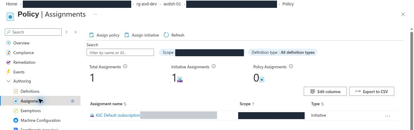 Azure Policy Assignments page at subscription scope: 1 total assignment, 1 initiative assignment (ASC Default) and 0 policy assignments; subscription name hidden