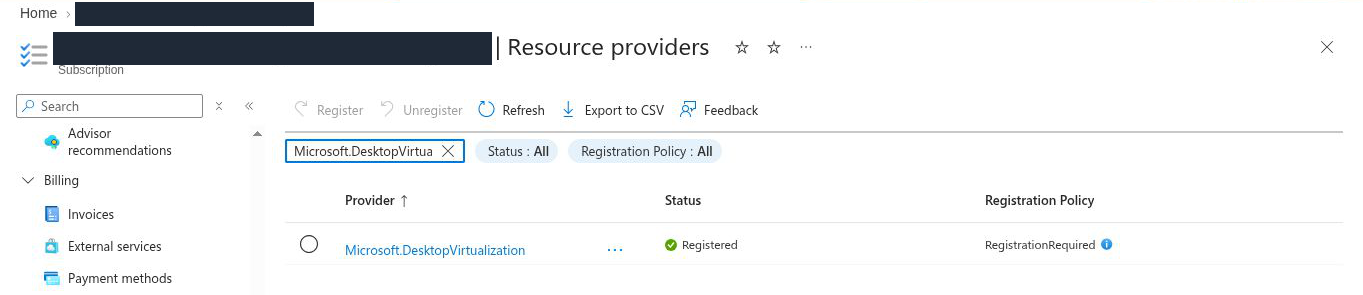 Resource providers list filtered to Microsoft.DesktopVirtualization with status Registered; subscription name hidden