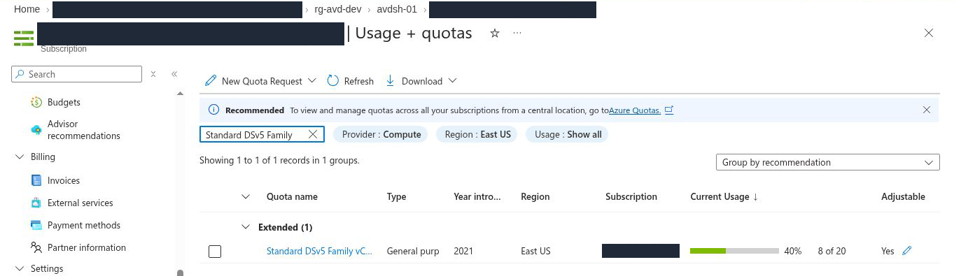 Usage + quotas filtered to Compute in East US: Standard DSv5 Family vCPUs 8 of 20 (40%); subscription name hidden