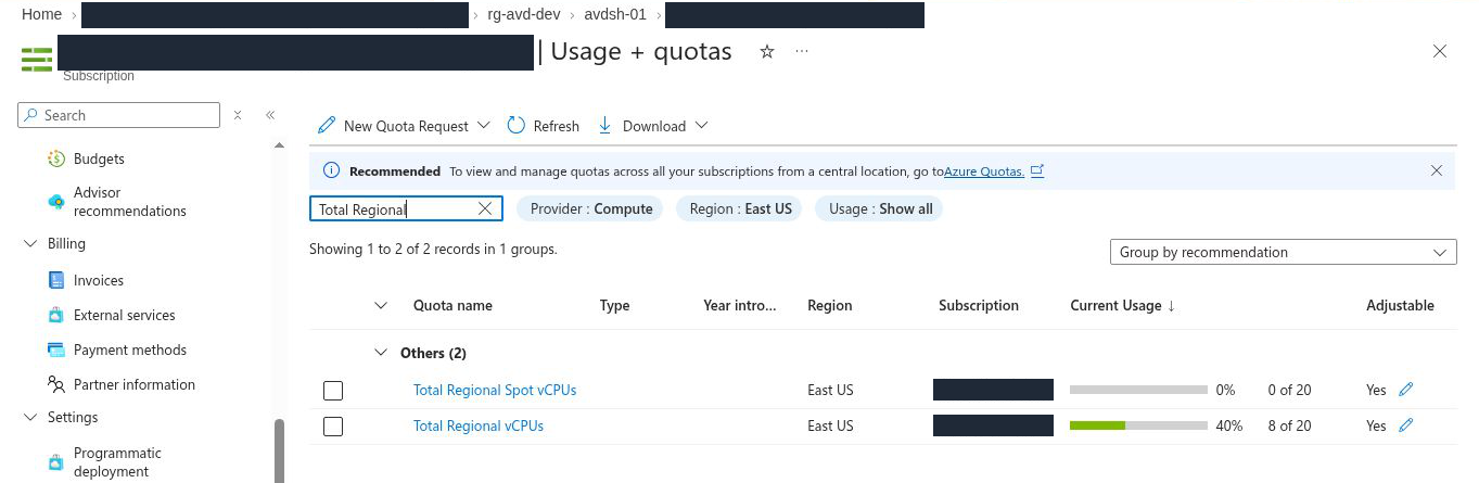 Usage + quotas filtered to Compute in East US: Total Regional vCPUs 8 of 20 (40%) and Total Regional Spot vCPUs 0 of 20; subscription name hidden