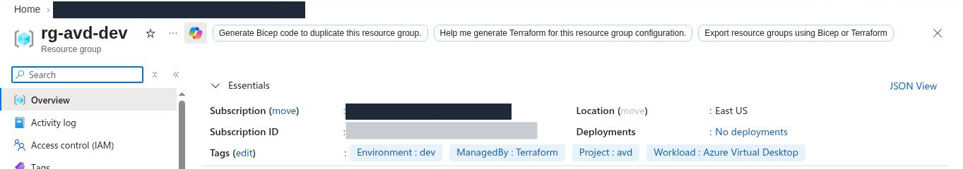 Resource group rg-avd-dev overview: location East US, tags Environment dev, ManagedBy Terraform, Project avd and Workload Azure Virtual Desktop; subscription name and subscription ID hidden