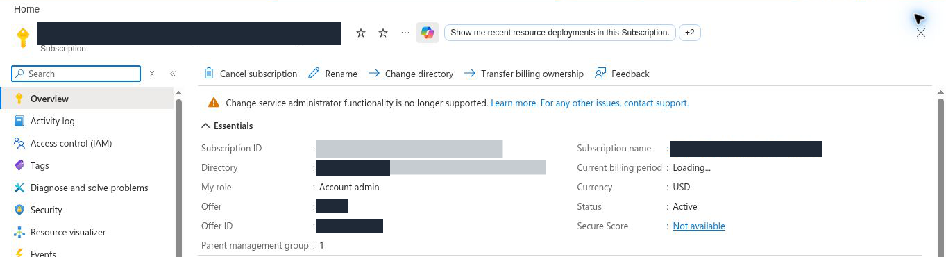 Subscription overview showing status Active; subscription name, subscription ID, directory and offer details hidden