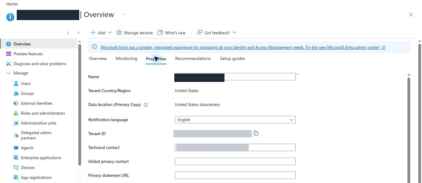 Microsoft Entra directory Properties tab with the Name, Tenant ID and Technical contact fields; the values are hidden