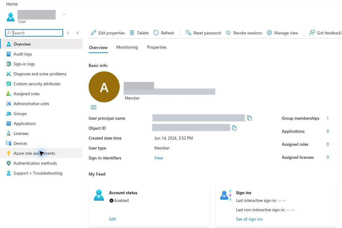 Test user overview: account enabled, 1 group membership, 0 assigned roles and 0 assigned licenses; account name, user principal name and object ID hidden