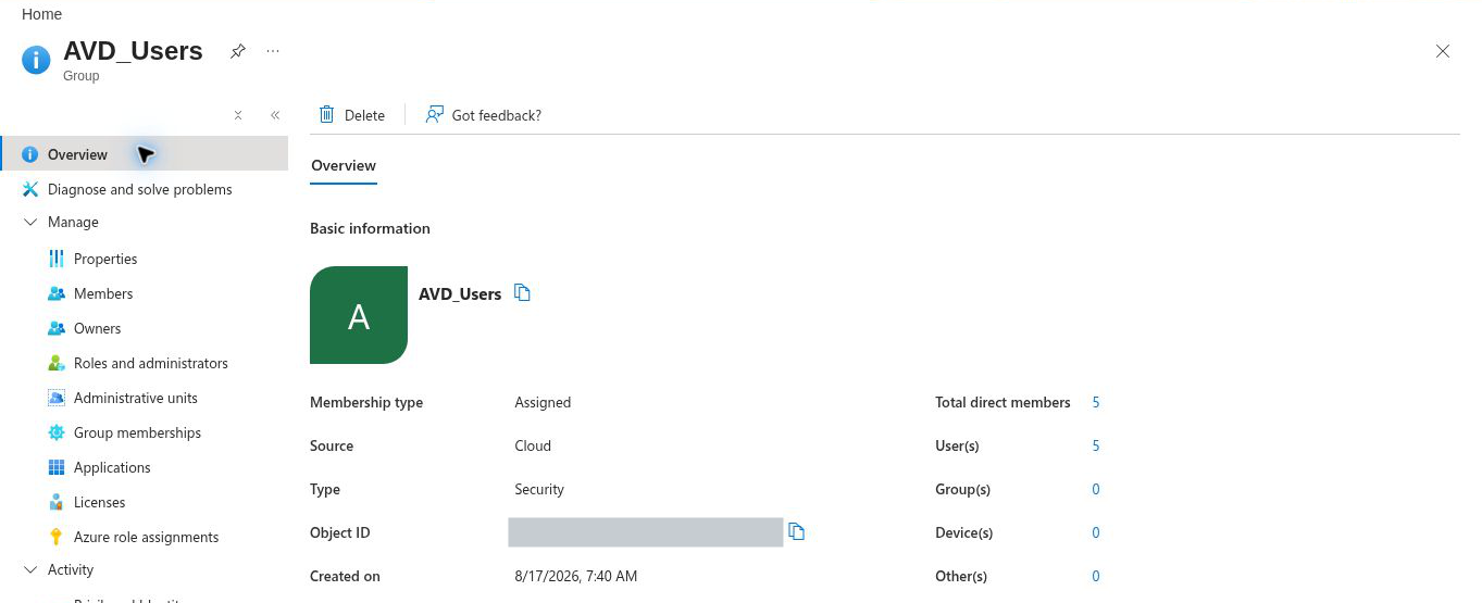 Overview page of a group named AVD_Users with membership type Assigned, source Cloud, type Security and five direct members, all users