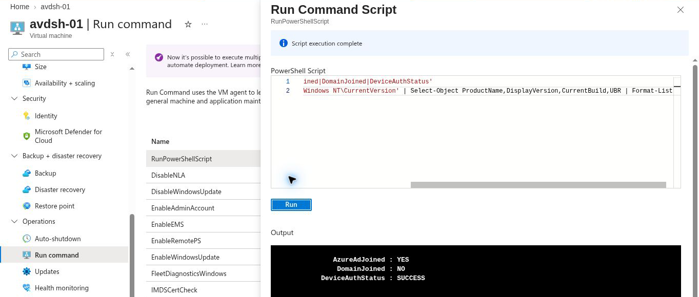 Run Command panel on a virtual machine named avdsh-01 showing a PowerShell script and its output: AzureAdJoined YES, DomainJoined NO, DeviceAuthStatus SUCCESS