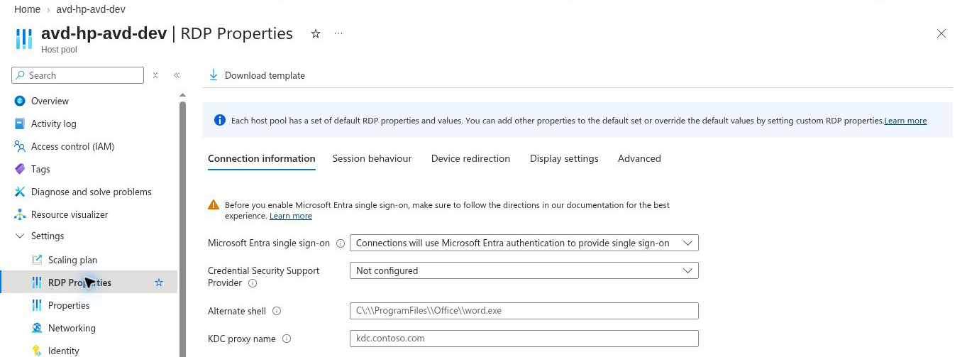 Host pool RDP Properties page, Connection information tab, where Microsoft Entra single sign-on is set to connections using Microsoft Entra authentication
