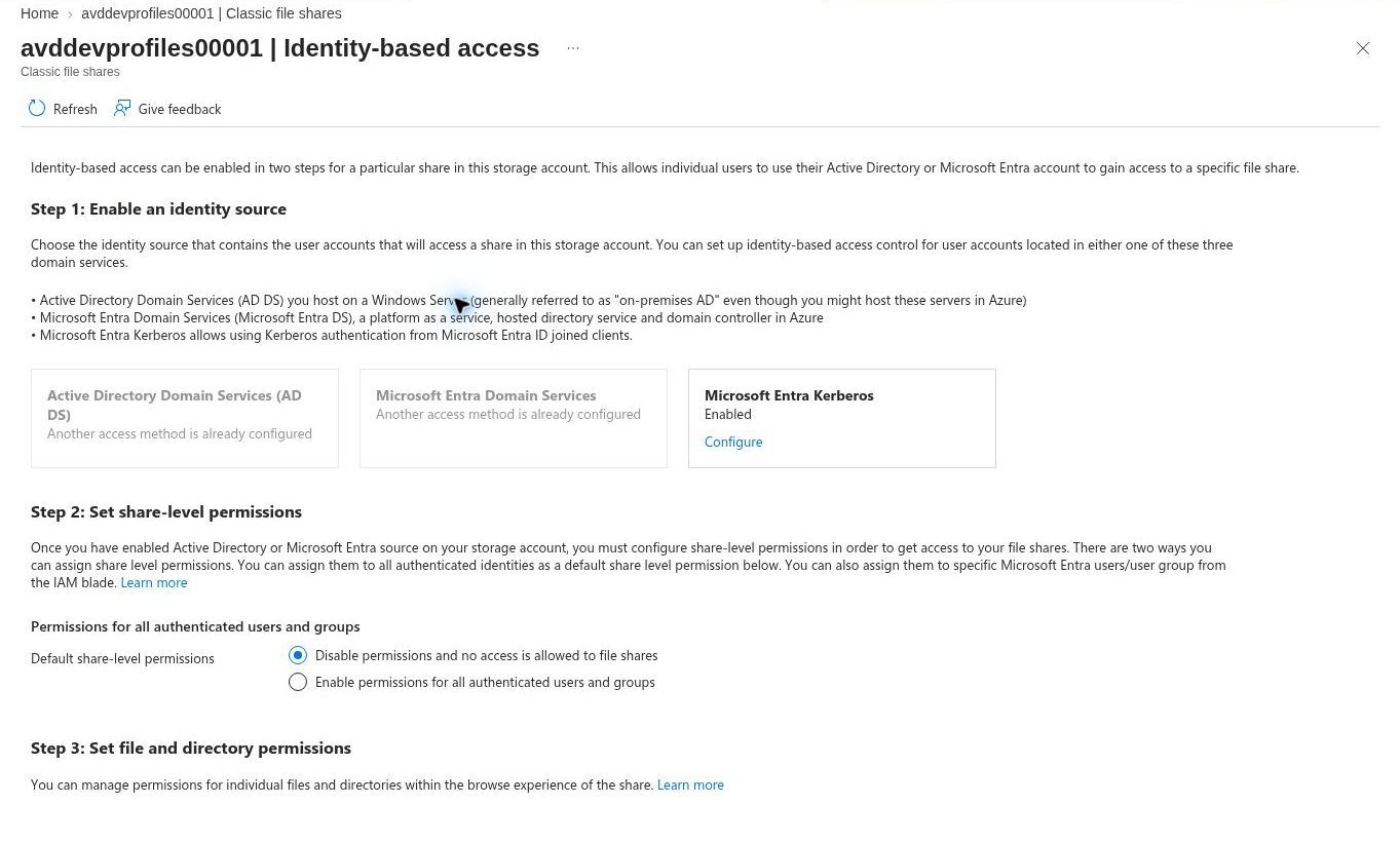 Storage account Identity-based access page where Microsoft Entra Kerberos shows Enabled, the other two identity sources are greyed out, and default share-level permissions are set to disable permissions