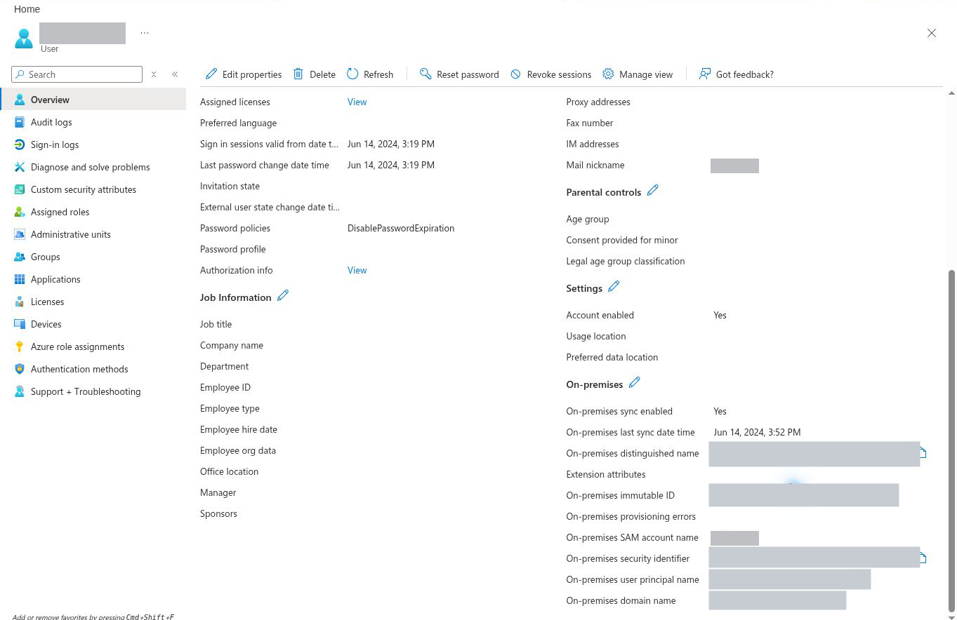 Entra user properties page for a test user, with On-premises sync enabled set to Yes, a last sync date of 14 June 2024 and the account name and several directory identifier fields hidden by grey boxes