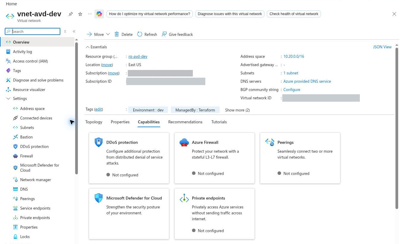 Azure portal overview page of a development virtual network in East US with one subnet and Azure-provided DNS, and capability tiles for DDoS protection, Azure Firewall, Peerings, Defender for Cloud and Private endpoints, where DDoS protection, Azure Firewall, Peerings and Private endpoints are marked Not configured; subscription name, subscription ID and network ID are covered